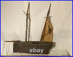 Antique Folk Art Sailing Navy Military Ship Hand Carved Wood and Tin U-99