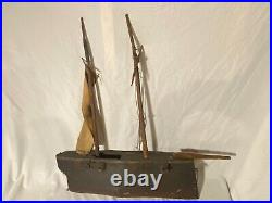 Antique Folk Art Sailing Navy Military Ship Hand Carved Wood and Tin U-99