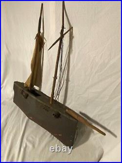 Antique Folk Art Sailing Navy Military Ship Hand Carved Wood and Tin U-99