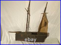 Antique Folk Art Sailing Navy Military Ship Hand Carved Wood and Tin U-99