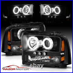 For 2005-2007 Ford Super Duty F250/F350 Dual LED Halo Projector Black Headlights