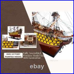 HMS Victory Painted Handcrafted Ship Model With Linen Sails & Wooden Rudder