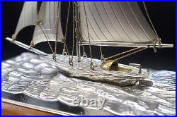 Hand crafted electroplated silver model of a sailing ship boat or yacht in case