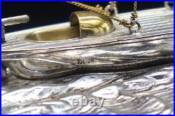 Hand crafted electroplated silver model of a sailing ship boat or yacht in case