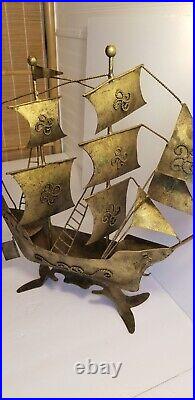 Large Vintage Schooner Spanish Galleon Ship Metal Sculpture 21x5x19 Brass Boat