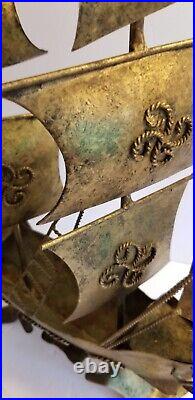 Large Vintage Schooner Spanish Galleon Ship Metal Sculpture 21x5x19 Brass Boat