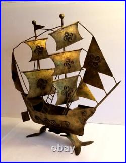 Large Vintage Schooner Spanish Galleon Ship Metal Sculpture 21x5x19 Brass Boat