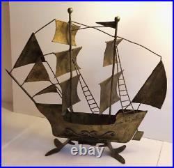 Large Vintage Schooner Spanish Galleon Ship Metal Sculpture 21x5x19 Brass Boat