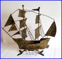 Large Vintage Schooner Spanish Galleon Ship Metal Sculpture 21x5x19 Brass Boat