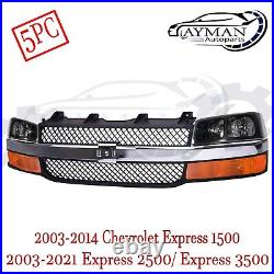 NEW Grille & Headlights Kit For 03-21 Chevy Express 3500 Textured & Chrome 5Pc