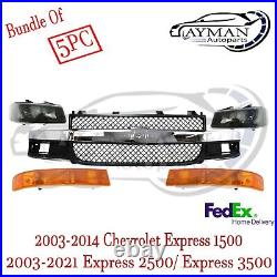 NEW Grille & Headlights Kit For 03-21 Chevy Express 3500 Textured & Chrome 5Pc