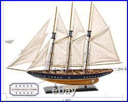 Navy and Walnut Sailboat Replica Model for Tabletop Decoration and Display