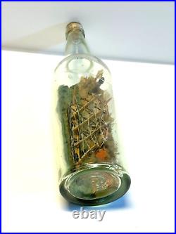 Original Antique Ship In A Bottle 4 Mast Ship Old Glass 1900-1930's