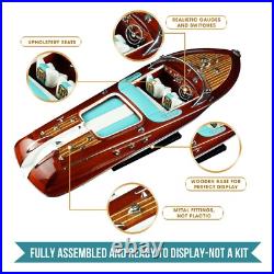 Riva Aquarama 20 White Blue Wood Model Boat 53cm Handmade Italian Speed Boat