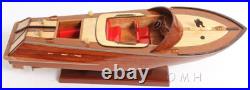 Runabout Sm Speedboat Model Handcrafted Wooden Ship With Leather Seats & Canoe