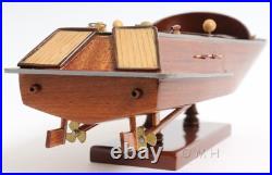 Runabout Sm Speedboat Model Handcrafted Wooden Ship With Leather Seats & Canoe