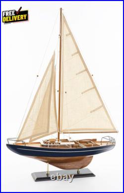 SAILINGSTORY Wooden Sailboat Decor Yacht Model Ship with Antique Finish Navy