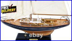 SAILINGSTORY Wooden Sailboat Decor Yacht Model Ship with Antique Finish Navy