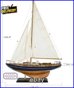 SAILINGSTORY Wooden Sailboat Decor Yacht Model Ship with Antique Finish Navy