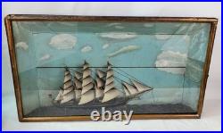 SHIP model Diorama schooner clipper frigate folk art 3 Mast antique 27-3/4 w