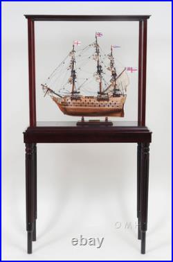 Small Tall Ship Model Display Case Wood With Legs Sailboat Cabinet Stand New
