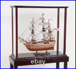 Small Tall Ship Model Display Case Wood With Legs Sailboat Cabinet Stand New