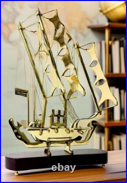 Vintage 100% Solid Brass Schooner/Clipper Ship Model with Wood Plinth