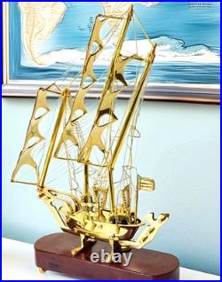 Vintage 100% Solid Brass Schooner/Clipper Ship Model with Wood Plinth