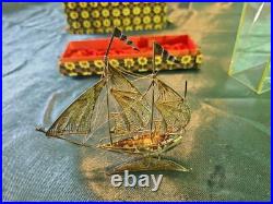 Vintage. 925 Sterling Silver Model Ship in Original Glass Display Case Filigree