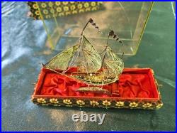 Vintage. 925 Sterling Silver Model Ship in Original Glass Display Case Filigree