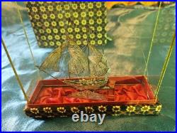Vintage. 925 Sterling Silver Model Ship in Original Glass Display Case Filigree