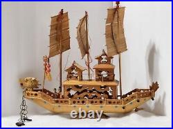 Vintage Ancient Wooden Asian House Ship Model Bamboo Sail Dragon Header 16 Long