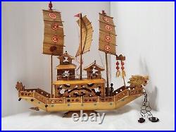 Vintage Ancient Wooden Asian House Ship Model Bamboo Sail Dragon Header 16 Long