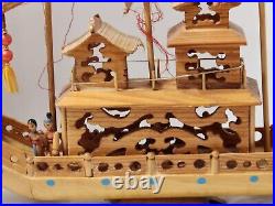 Vintage Ancient Wooden Asian House Ship Model Bamboo Sail Dragon Header 16 Long