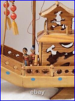 Vintage Ancient Wooden Asian House Ship Model Bamboo Sail Dragon Header 16 Long