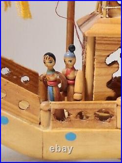 Vintage Ancient Wooden Asian House Ship Model Bamboo Sail Dragon Header 16 Long