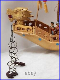 Vintage Ancient Wooden Asian House Ship Model Bamboo Sail Dragon Header 16 Long