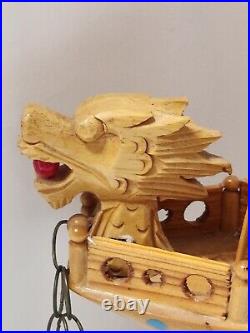 Vintage Ancient Wooden Asian House Ship Model Bamboo Sail Dragon Header 16 Long