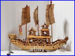 Vintage Ancient Wooden Asian House Ship Model Bamboo Sail Dragon Header 16 Long