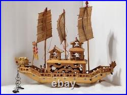 Vintage Ancient Wooden Asian House Ship Model Bamboo Sail Dragon Header 16 Long