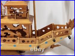 Vintage Ancient Wooden Asian House Ship Model Bamboo Sail Dragon Header 16 Long