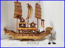 Vintage Ancient Wooden Asian House Ship Model Bamboo Sail Dragon Header 16 Long