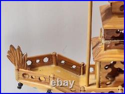 Vintage Ancient Wooden Asian House Ship Model Bamboo Sail Dragon Header 16 Long