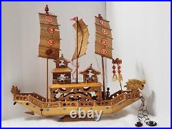 Vintage Ancient Wooden Asian House Ship Model Bamboo Sail Dragon Header 16 Long