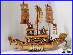 Vintage Ancient Wooden Asian House Ship Model Bamboo Sail Dragon Header 16 Long