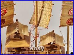 Vintage Ancient Wooden Asian House Ship Model Bamboo Sail Dragon Header 16 Long