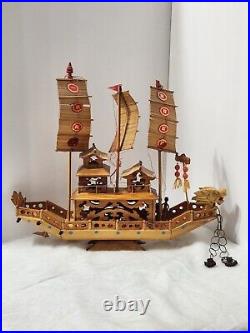 Vintage Ancient Wooden Asian House Ship Model Bamboo Sail Dragon Header 16 Long