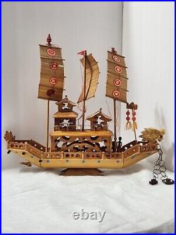 Vintage Ancient Wooden Asian House Ship Model Bamboo Sail Dragon Header 16 Long