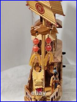 Vintage Ancient Wooden Asian House Ship Model Bamboo Sail Dragon Header 16 Long