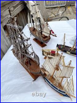 Vintage Antique Model Wooden Four Mast Sailing Ship. Dark wood handmade